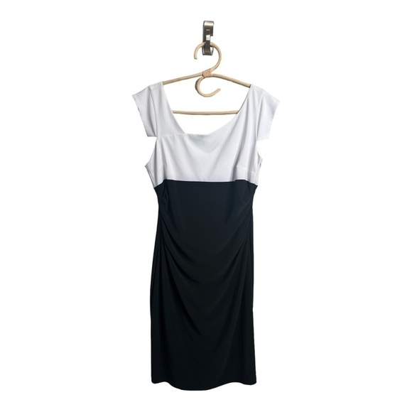 Joseph Ribkoff Slanted Neckline White Black Sheath Ruched Stretch Dress Size 12 - Picture 2 of 15